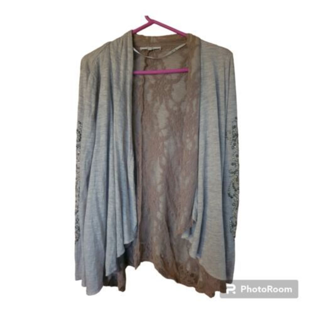 miss me gray beige lace cascade open‎ front ls acrylic sweater top size MED